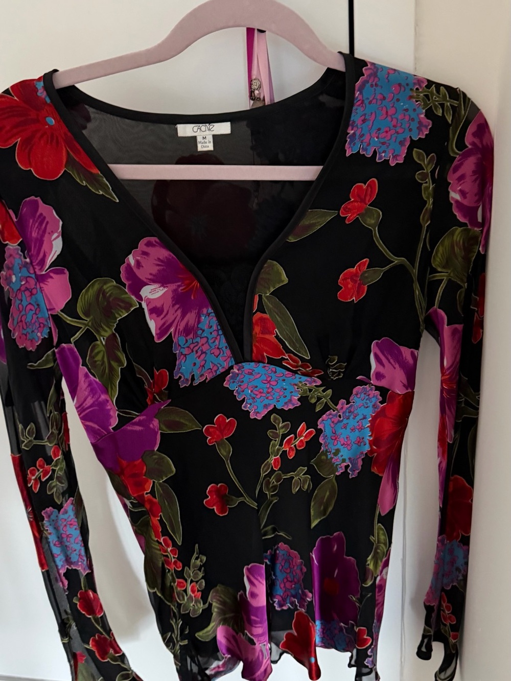 Cache Black Floral V-Neck Long Sleeve Top with Purple, Red & Blue Blooms